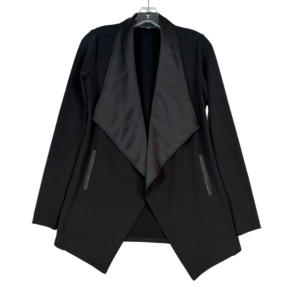White House Black Market Black Satin Trim Waterfall Draped Cardigan Jacket XXS